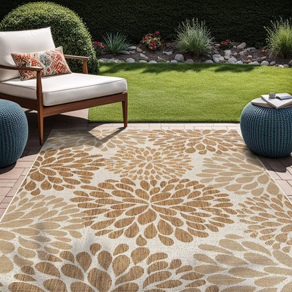 Beverly Rug Outdoor Rug 8x10 Modern Exotic Tropical Leaf Area Rugs for Indoor and Outdoor Patio Deck Porch Garden Water Resistant Washable Outside Carpet (8 x 10 Beige)