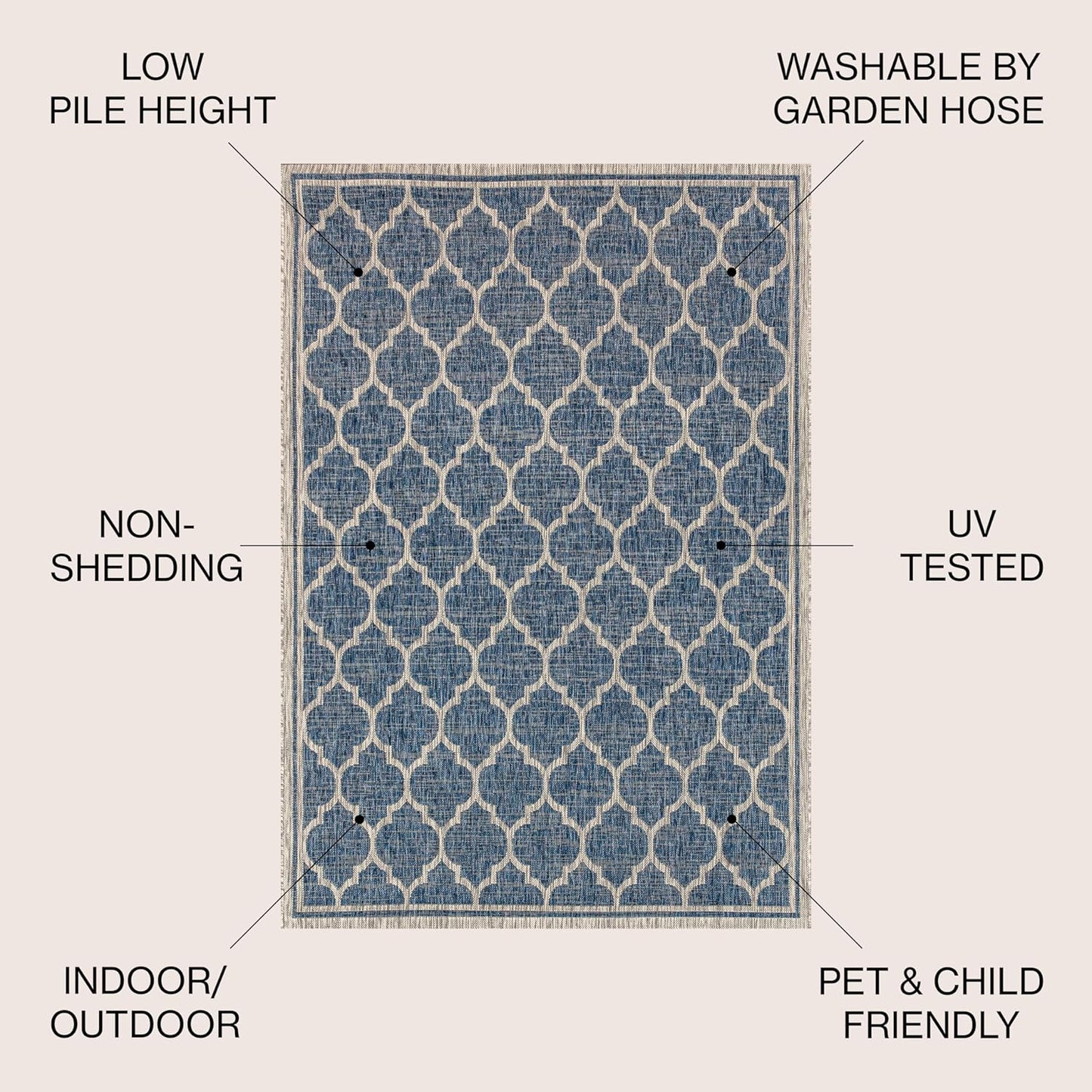 Eyely BMS109D-4SQ Santa Monica Trebol Moroccan Trellis Textured Weave, Pet Friendly, Non-Shedding, Stain Resistant, Easy-Cleaning, Navy/Gray, 4' Square, Indoor/Outdoor, Area Rug