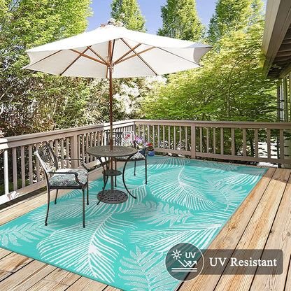 Pauwer Waterproof Outdoor Rug 8x10, Reversible Plastic Straw Patio Camping Rug, Indoor Outdoor RV Mat Carpet for Deck, Camper, Porch, Balcony, Backyard, Picnic, Leaf Light Blue