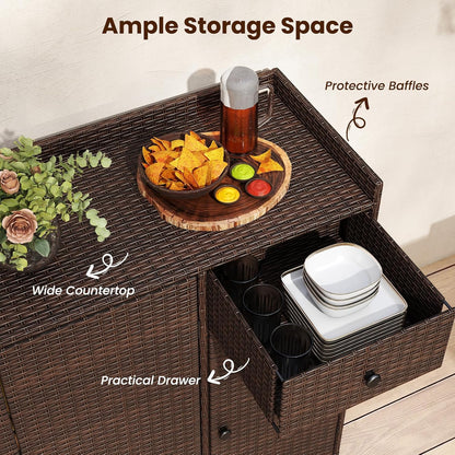 Tangkula Rattan Outdoor Storage Cabinet, Patiojoy Outdoor Cabinet with 4 Adjustable Shelves, 1 Drawer, 3 Doors, Patio Storage Deck Box Table for Patio Garden Poolside (Mix Brown)