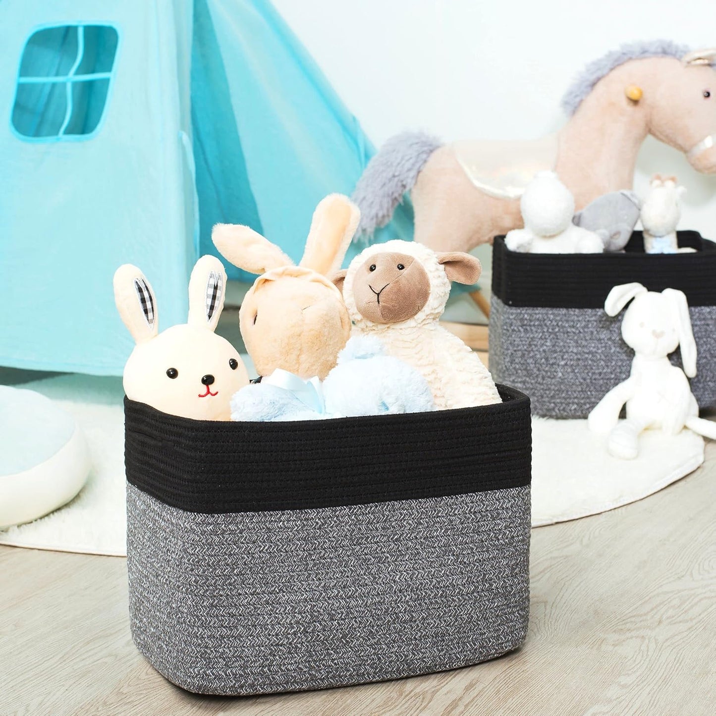 MINTWOOD Design Storage Basket for Shelves, Decorative Baskets for Organizing, Book Basket, Storage Cube Bin Box, Woven Closet Organizer, Pantry Closet and Shoe Basket, Black Grey Mix