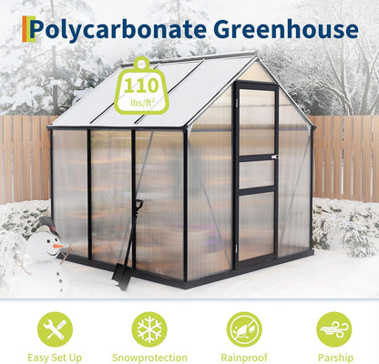 6*6 FT Outdoor Walk-in Greenhouse, Polycarbonate Green House, Heavy Duty Greenhouse with Vented Roof Window, Windproof Aluminum Frame, Suitable for Outside Gardening, Backyard, Patio