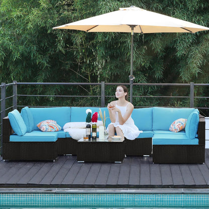 7-Piece Patio Furniture Set - Outdoor Sectional Sofa Set with Cushions and Glass-Top Coffee Table for Gardens, Poolside, Backyards and Porches, Black/Blue