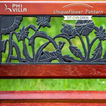 PHI VILLA Outdoor Garden Bench for Children, 33”L Small Metal Bench with Wood Clearance Seating & Floral Pattern Back for Patio, Lawn, Balcony, Backyard, Porch and Indoor - Black