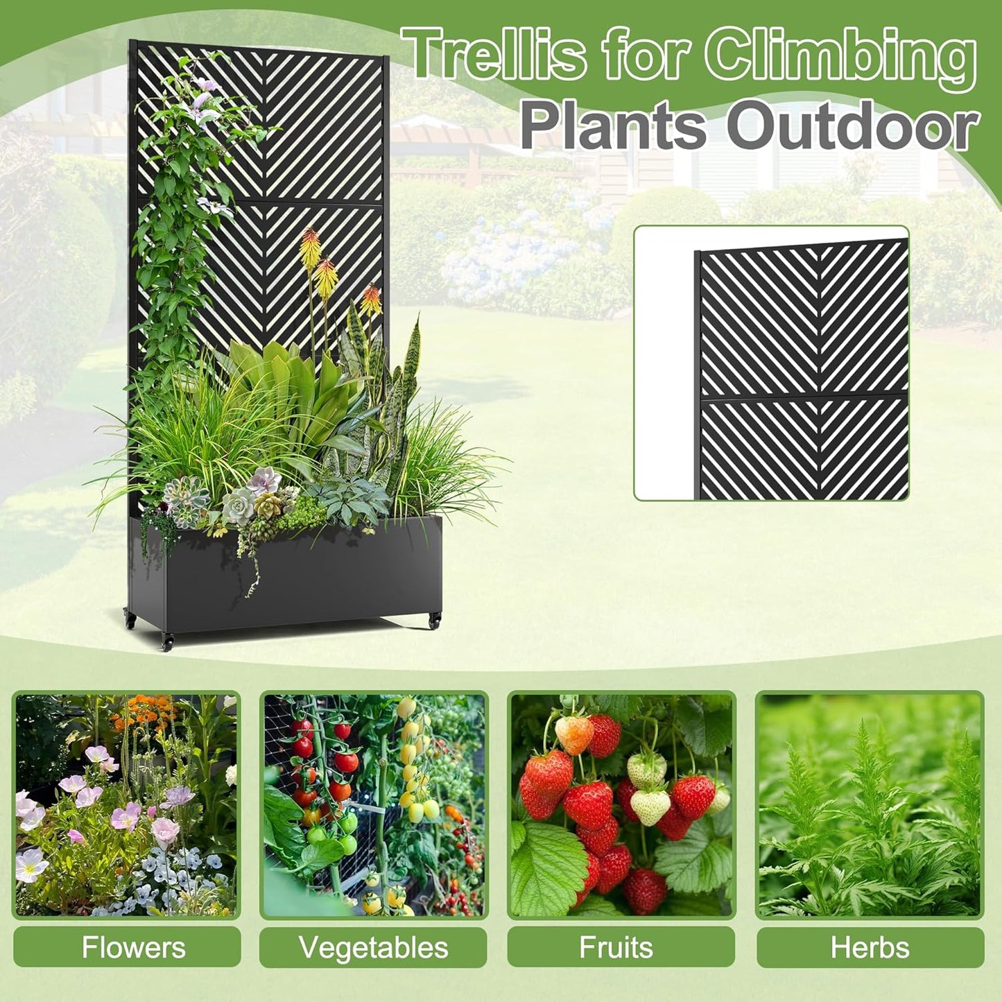 Raised Garden Bed with Trellis and Wheels,73"x35"x16" Metal Raised Garden Bed,Black Parallel Metal Planter with Climbing Trellis for Vines & Vegetables
