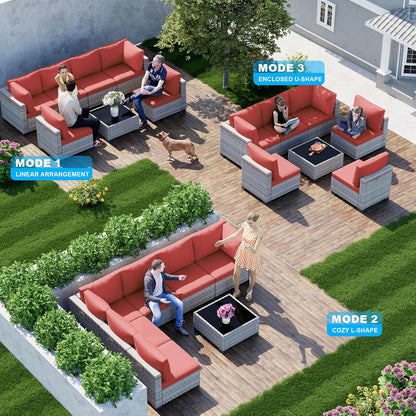 7-Piece Patio Furniture Set, Outdoor Sectional with Thick Cushions, Modular Patio Sofa, Dual-Strand Wicker Rattan, Rust-Resistant Frame, Backyard Furniture for Garden, Deck, Red