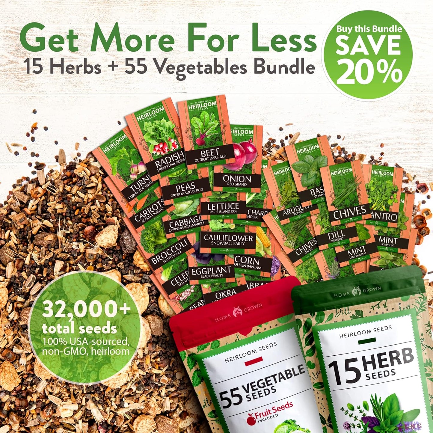 HOME GROWN 70 Variety Vegetable & Herb Seeds – 32,000+ USA Non-GMO Heirloom Survival Seeds –Garden Kit for Spring, Fall, Winter – Indoor & Outdoor Planting – Starter Set for Home Gardeners & Preppers