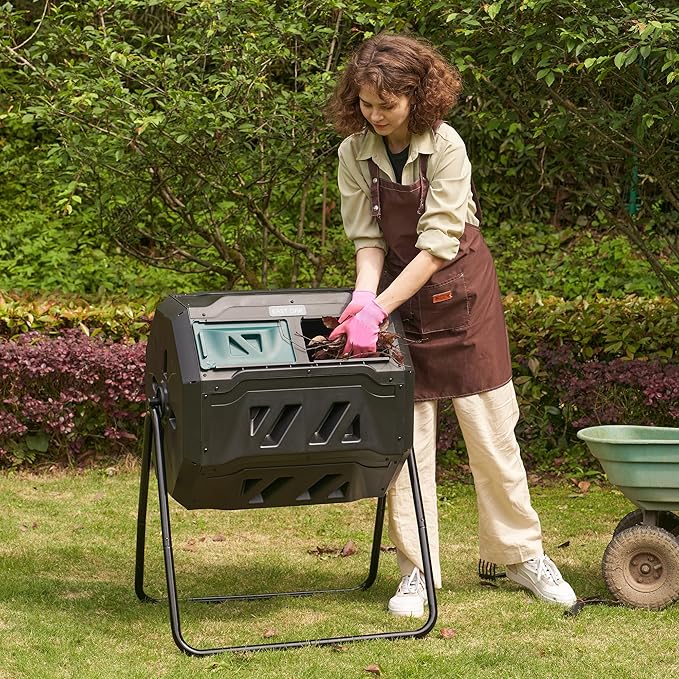 East Oak Compost Tumbler Outdoor, 43-Gal Dual Chamber Compost Bin with 2 Sliding Door and Aeration System, Tumbling Rotating Composter Bin for Kitchen, Garden, Yard