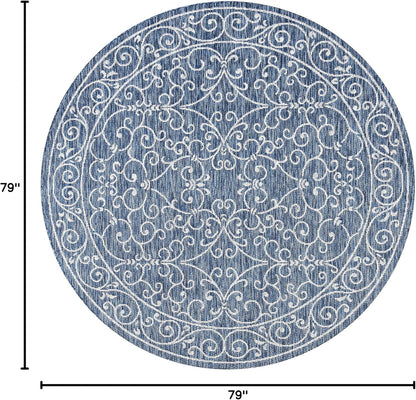 JONATHAN Y SMB106D-6R Charleston Vintage Filigree Textured Weave Navy/Gray 6' Round Indoor/Outdoor Area Rug, Pet Friendly, Non-Shedding, Stain Resistant, Easy-Cleaning for Backyard, Patio, Porch