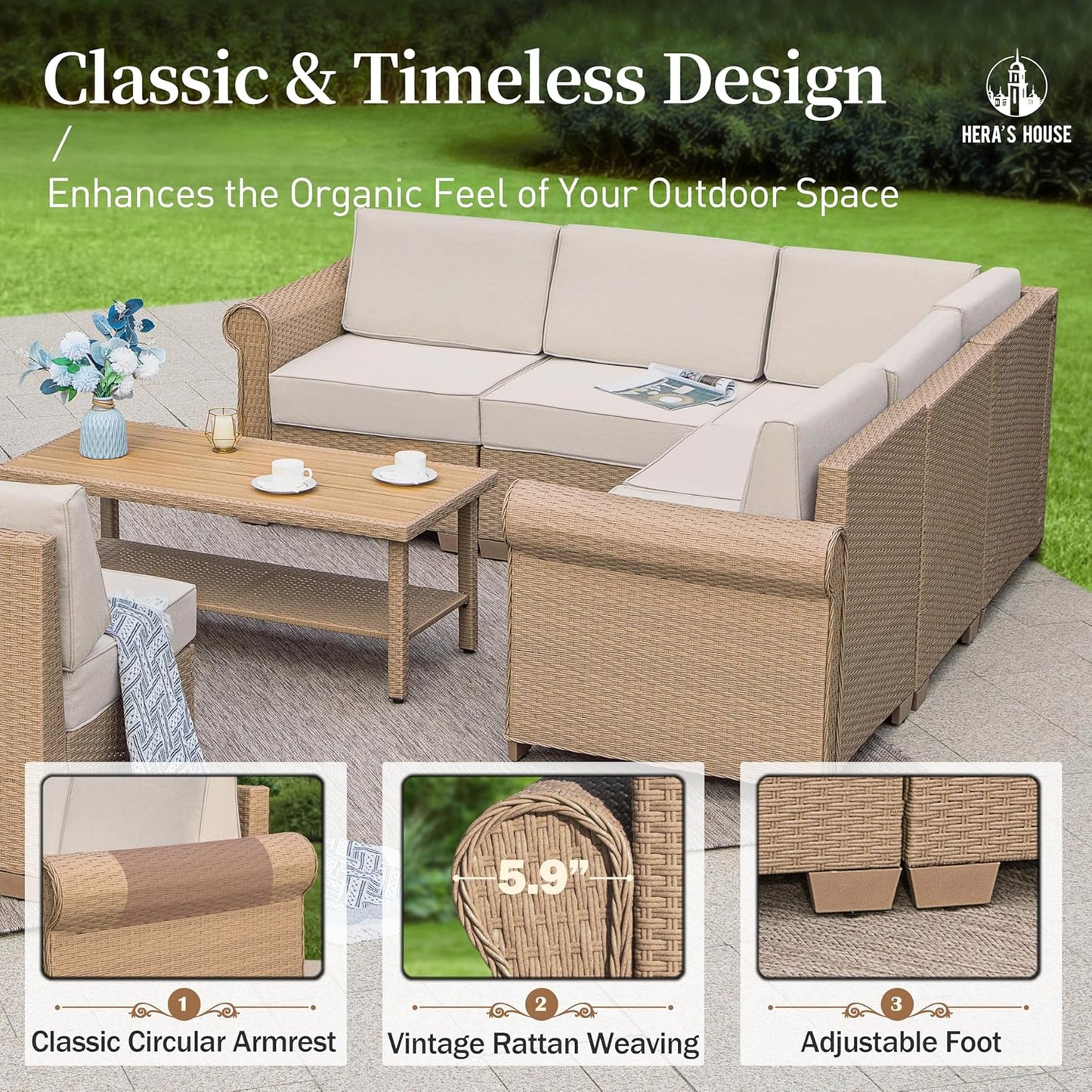 HERA'S HOUSE Patio Furniture Set, All Weather 7 Seats Outdoor Sectional Wicker Sofa with 44" Coffee Table, 5.5" Thick Waterproof Cushion 8 Piece Modular Conversation Sofa Set for Garden Deck Backyard