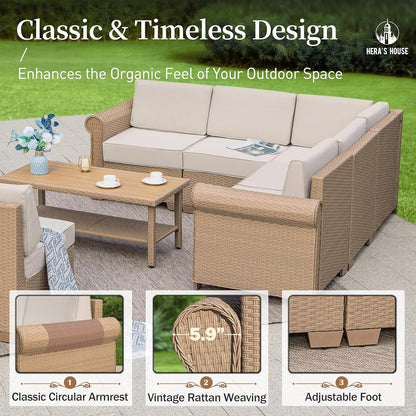 HERA'S HOUSE 6 Piece Patio Furniture Set, Outdoor Sectional Wicker Sofa with 44" Coffee Table, 5.5" Thick Waterproof Cushion All Weather 5 Seats Modular Conversation Couch Set for Garden Deck Backyard