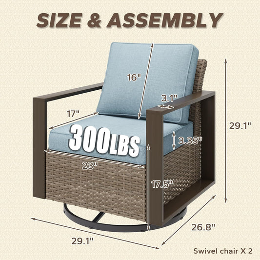 Outdoor Swivel Patio Metal Chairs Set of 2 - Porch Furniture 2 Pieces 360 Degree Glider Rockers Rattan Chairs with Washable Cushion & Metal Steel Rectangular Framed Armrest, Baby Blue