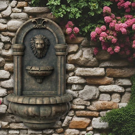 Teamson Home 32.1 in. Wall-Mounted Lion Head Stone LED Outdoor Water Fountain for Gardens, Landscaping, Patios, Balconies, Lawns to Create a Calming Oasis in Outdoor Living Spaces, Antique Bronze