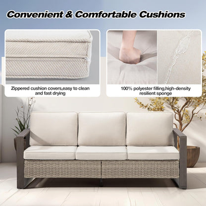 Joyside Outdoor Patio Wicker Sofa, 3-Seater Rattan Sofa with Thick Olefin Cushions and Metal Steel Rectangular Framed Armrest -Looking Metal Armrest Suitable for Garden, Backyard, Porch, Deck (Beige)