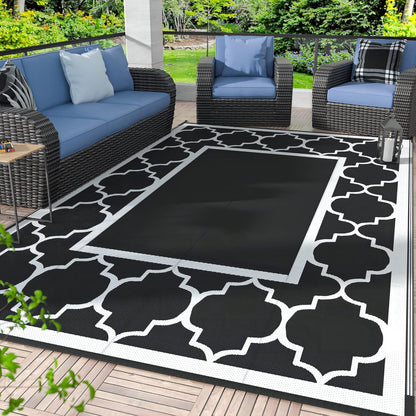 GENIMO 6' x 9' Outdoor Rug Waterproof for Patio Decor, Foldable Reversible Plastic Straw Area Rugs Mat for Camper, Morden Carpet for Outside, Rv, Deck, Porch, Picnic, Beach, Balcony, Black & White