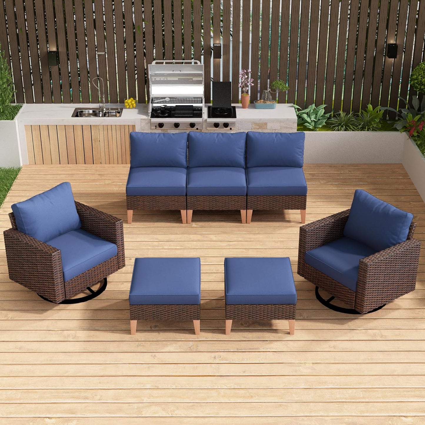HUMMUH 7 Pieces Patio Furniture,Outdoor Modular Sectional Couch Swivel Rocking Chairs with Ottomans,All Weather PE Wicker Patio Conversation Sets for Garden Porch Backyard