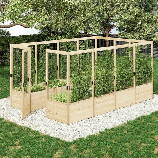 AMERLIFE Raised Garden Bed with Deer Proof Fence, 7.5Wx12Dx6H Outdoor Wooden Raised Garden Bed Planter with 19" Depth Planter Box