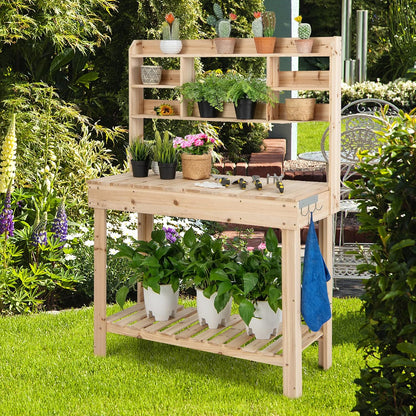 HAPPYGRILL Potting Bench Table, 60.5” Wood Garden Work Bench Workstation with Storage, Flip-Up Tabletop, Shelves & Hanging Hooks, Outdoor Garden Table for Patio, Lawn & Porch
