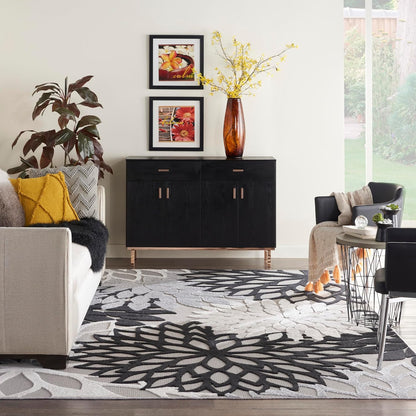 Nourison Aloha Indoor/Outdoor Black White 7' x 10' Area Rug, Tropical, Botanical, Easy Cleaning, Non Shedding, Bed Room, Living Room, Dining Room, Deck, Backyard, Patio (7x10)