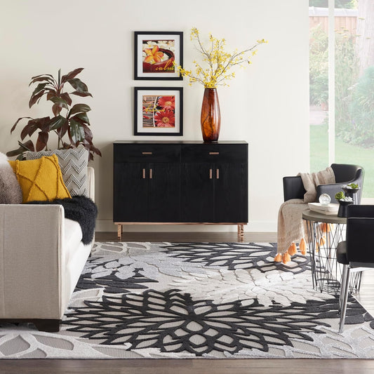 Nourison Aloha Indoor/Outdoor Black White 12' x 15' Area Rug, Tropical, Botanical, Easy Cleaning, Non Shedding, Bed Room, Living Room, Dining Room, Deck, Backyard, Patio (12x15)