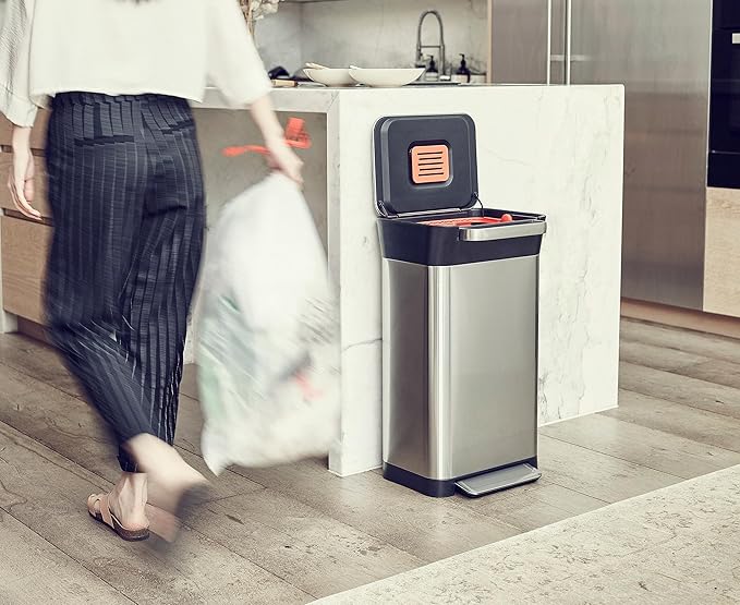 Joseph Joseph Intelligent Waste Titan Trash Can Compactor with Odor Filter, Compacts up to 3x trash, 30L/7.9 Gallons, Stainless Steel