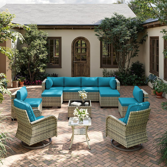 12-Piece Patio Furniture Set, Outdoor Patio Furniture with Swivel Chairs Set, Ottomans, Modular Patio Sofa, Dual-Strand Wicker Rattan, Rust-Resistant Frame, Lake Blue