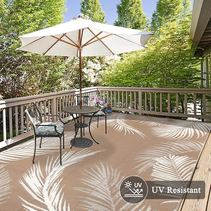 Pauwer Waterproof Outdoor Rug 9x12, Reversible Plastic Straw Patio Camping Rug, Indoor Outdoor RV Mat Carpet for Deck, Camper, Porch, Balcony, Backyard, Picnic, Leaf Brown