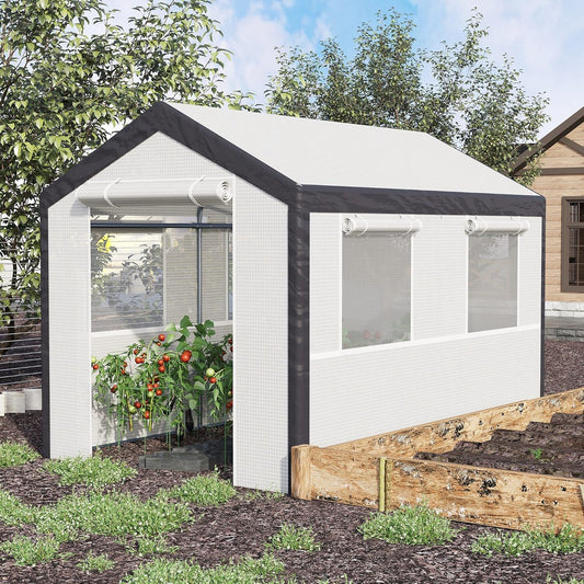 Outsunny 10' x 7' x 7' Greenhouse, Walk-in Outdoor Tunnel Green House with PE Cover, Steel Frame, 2 Roll-Up Zipper Doors & 4 Windows for Flowers, Vegetables, Tropical Plants, White
