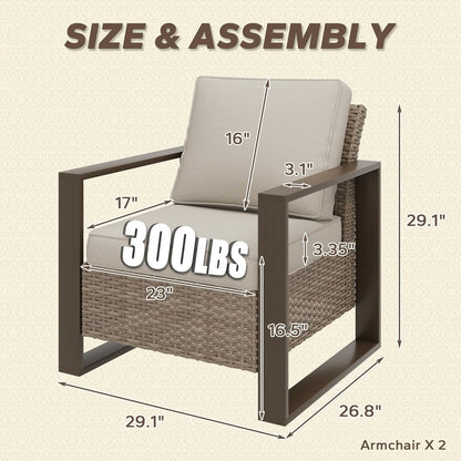 Patio Metal Wicker Chairs Set of 2, All Weather Outdoor Rattan Dining Chairs with Rectangular Framed Wood-Looking Metal Armrest & Fade-Resistant Cushions for Deck Balcony Backyard, Beige