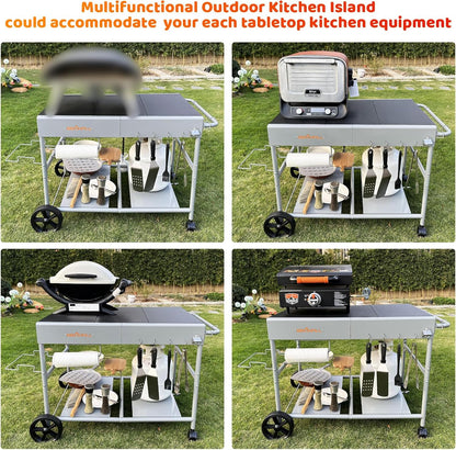 Upgraded Pizza Oven Cart Table for Ooni Koda/Karu/Fyra 16 & 12, Movable Thicken & Widen Rolling Kitchen Cart, Outdoor Grill Stand for Ninja Woodfire,Blackstone Griddle,Carts with Wheels