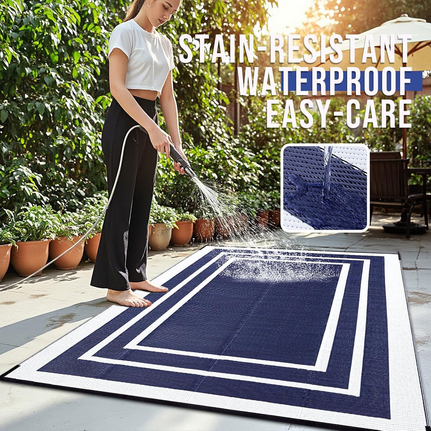 OLANLY Outdoor Rug 9x12 ft Waterproof, Reversible Outdoor Plastic Straw Rug, RV Mat, Indoor Outdoor Carpet Clearance for Patio, Camping, Balcony, Deck, Backyard, Navy & White