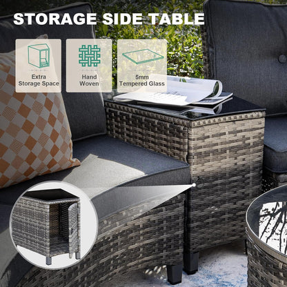 9 Piece Outdoor Patio Furniture Set, Half-Moon Curved Sectional Sofa Rattan Conversation Set with Wood Armrests, Coffee Table & Side Table（Grey）