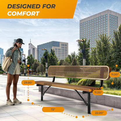 Heavy-Duty Outdoor Metal Bench, Thermoplastic-Coated, Inground, Weatherproof, Commercial-Grade for Parks, Gardens, Patios, Stores & More (6 Ft - Inground with Back, Brown)