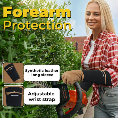 HANDLANDY Long Gardening Gloves for Men & Women, Cowhide Leather Rose Pruning Gloves, Breathable Thorn Proof Gauntlet Glove (Brown-Cowhide, M)