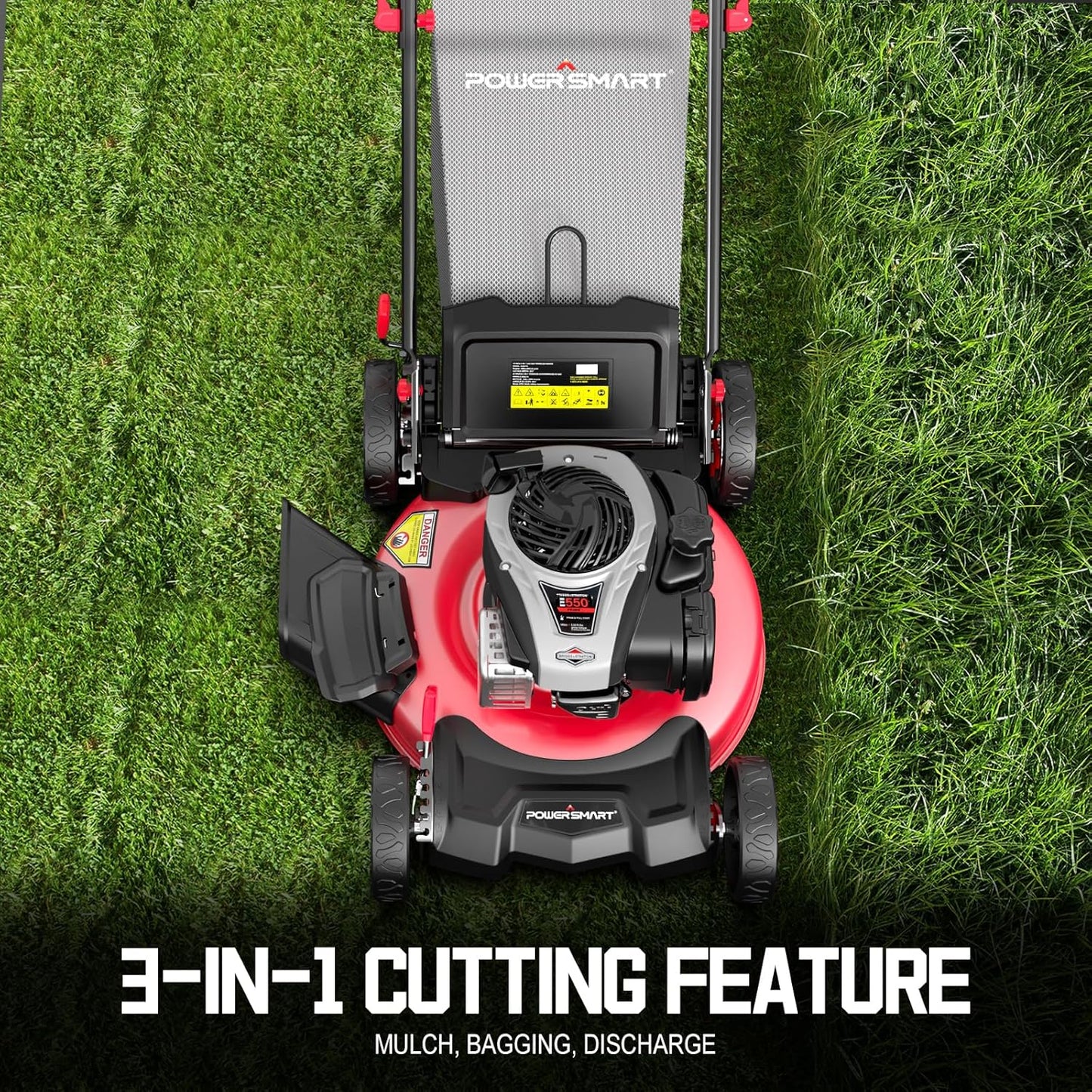 PowerSmart Gas Lawn Mower 21-inch with 140cc Briggs and Stratton E550 Engine, 3-in-1 Push Mower with Mulch, Bagger, Side-Discharge