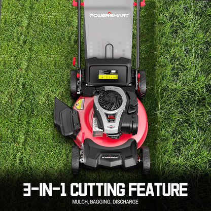 PowerSmart Gas Lawn Mower 21-inch with 140cc Briggs and Stratton E550 Engine, 3-in-1 Push Mower with Mulch, Bagger, Side-Discharge