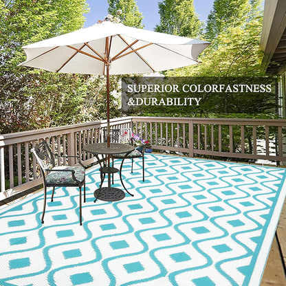 Pauwer Waterproof Outdoor Rug 6x9, Reversible Plastic Straw Patio Camping Rug, Indoor Outdoor RV Mat Carpet for Deck, Camper, Porch, Balcony, Backyard, Picnic, Geometric Teal