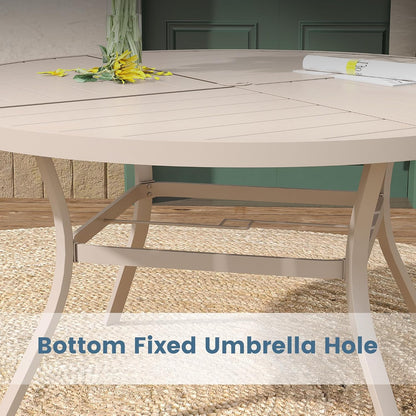 DIFY 59.8" Round Outdoor Patio Dining Table for 8-10, All-Weather Metal Steel Slatted Patio Table with 1.57" Adjustable Umbrella Hole, for Lawn Garden Porch Backyard, Sandshell