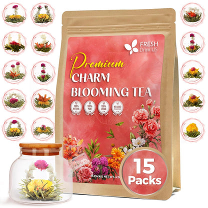 FreshDrinkUS, Premium 15 Flowering Tea Balls – Green Tea, Lily, Jasmine, Rose, Gomphrena & More – Beautiful Hand-Tied Blooming Teas for Relaxation & Wellness – Caffeine-Free. Ideal Gift for Tea Lovers