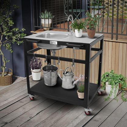 35” Outdoor Grill Cart with Sink, Outdoor Kitchen Sink Station with Hose Hook Up, Free Standing Sink with Wheels, Stainless Steel Sink with Single Bowl, Outdoor Utility Sink with Faucet