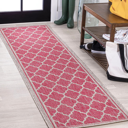 Eyely BMS109H-210 Santa Monica Trebol Moroccan Trellis Textured Weave Indoor/Outdoor Runner Rug Coastal;Bohemian, Bedroom, Backyard, Patio, Easy-Cleaning, Non-Shedding, 2 X 10, Fuchsia/Light Gray
