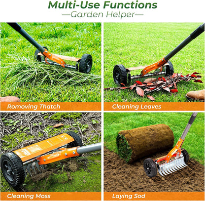 Walensee Dethatching Roller Rake with 76.8'' Adjustable Handle, 2mm Stainless Steel Blades, Heavy Duty Lawn Thatch Remover for Moss, Grass Clippings, Leaves & Debris – Ideal for Yard & Garden Cleanup