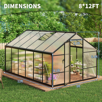 8×12 FT Greenhouse, Large Walk in Greenhouses for Outdoors and Garden Planting, Polycarbonate Greenhouse with Enhanced Aluminum Frame, Green Houses with Quick Setup Structure and Roof Vent, Black