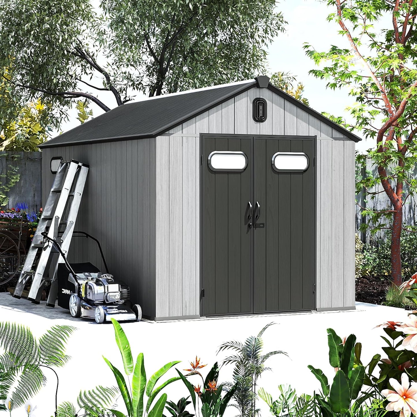 Domi 8x12FT Outdoor Resin Storage Shed with Transparent Windows & Louvered Vents, Plastic Tool Shed with Double Lockable Doors & Gable Roof, Outside Garden Shed for Backyard, Patio, Lawn, Grey