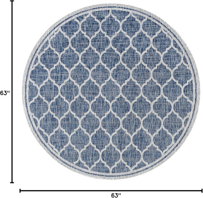 Eyely BMS109D-5R Santa Monica Trebol Moroccan Trellis Textured Weave Indoor/Outdoor Area Rug Coastal;Bohemian, Bedroom, Backyard, Patio, Easy-Cleaning, Non-Shedding, 5' Round, Navy/Gray