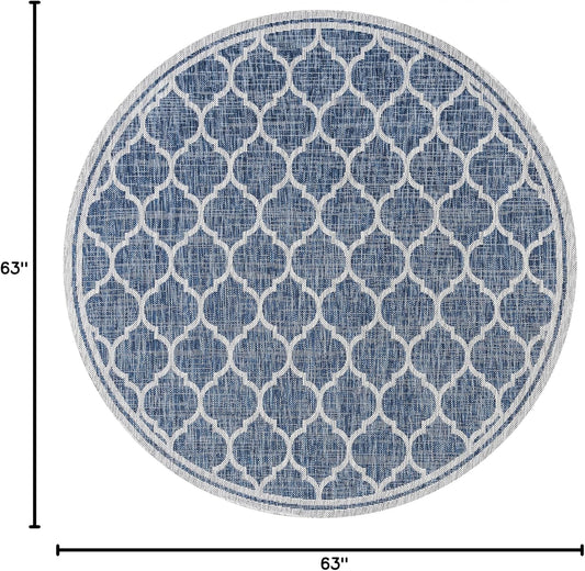 Eyely BMS109D-5R Santa Monica Trebol Moroccan Trellis Textured Weave Indoor/Outdoor Area Rug Coastal;Bohemian, Bedroom, Backyard, Patio, Easy-Cleaning, Non-Shedding, 5' Round, Navy/Gray