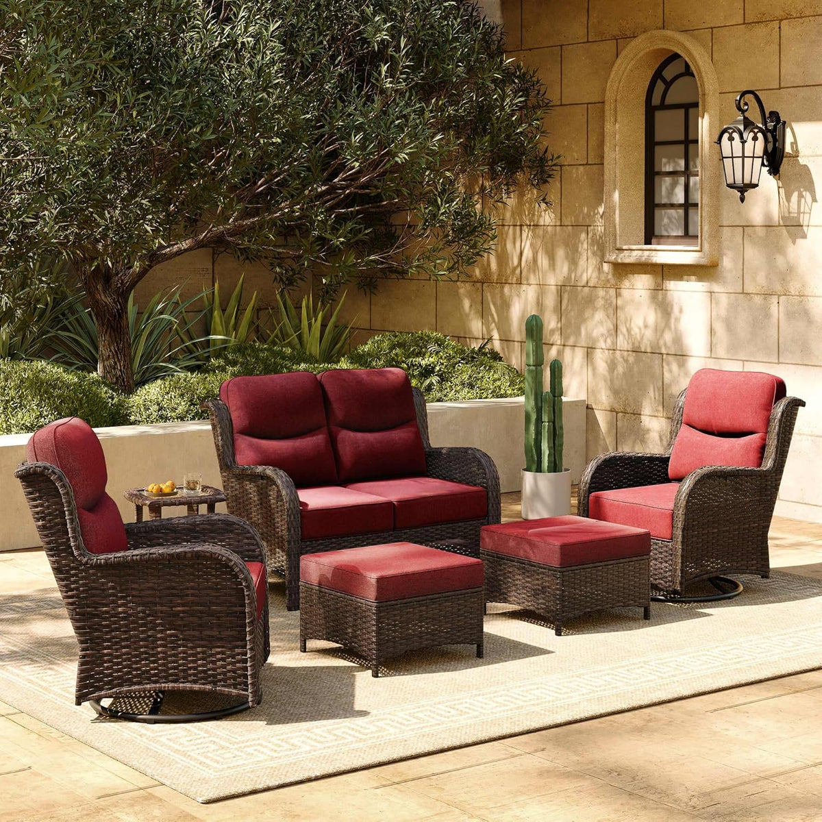 HILLGA Luxury Patio Furniture Set with 6-inch Thick Cushion, Outdoor Loveseat and High Back Swivel Rocker Patio Chairs, 6PCS Wicker Conversation Set for Deck Yard and Poolside, Burgundy (V2)