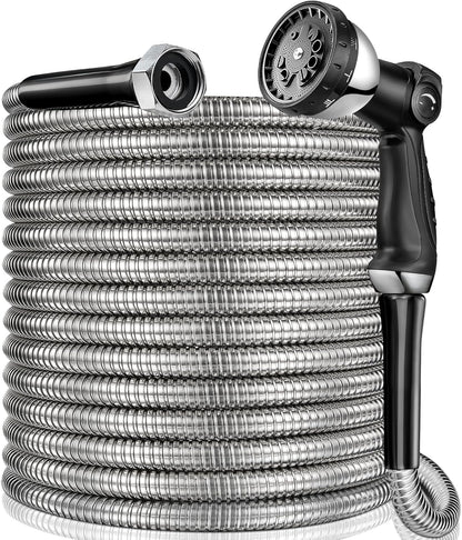 200 ft Garden Hsoe - 2025 New 304 Stainless Steel Garden Hose with 10-Function Spray Gun, 3/4'' Copper-Chrome Fittings – Lightweight, Durable, and Kink-Free, Metal Water Hoses for Gardening