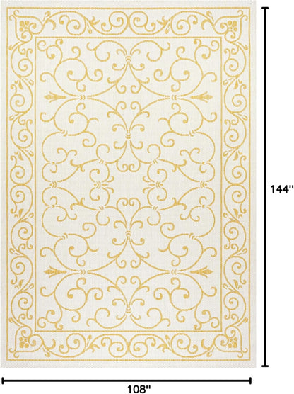 JONATHAN Y SMB106M-9 Charleston Vintage Filigree Textured Weave Indoor Outdoor Area Rug, Classic, Traditional, Transitional Easy Clean,Bedroom,Kitchen,Backyard,Patio, Non-Shed, Cream/Yellow, 9 X 12