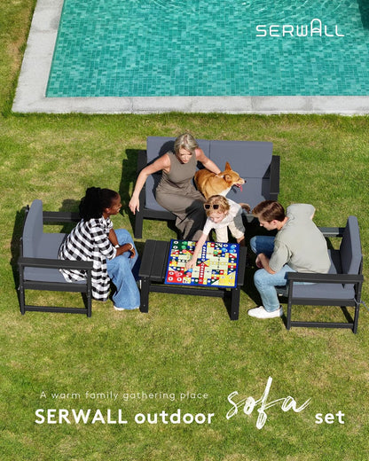 SERWALL 4 Pieces HDPE Outdoor Sofa Set with Cushion, All Weather Use Conversation Couch Set, Outdoor Loveseat Social Furniture with Coffee Table and Cushions, Black Frame with Grey Cushions
